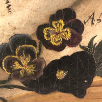 1883 Pansies and Books and Birthday Wishes Trompe l’Oeil Oil on Board