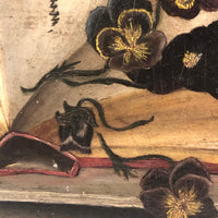 1883 Pansies and Books and Birthday Wishes Trompe l’Oeil Oil on Board