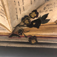 1883 Pansies and Books and Birthday Wishes Trompe l’Oeil Oil on Board