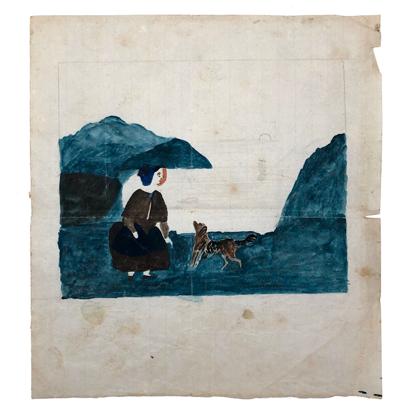 Woman in Blue Bonnet with Dog, 19th Century Folk Watercolor