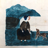 Woman in Blue Bonnet with Dog, 19th Century Folk Watercolor