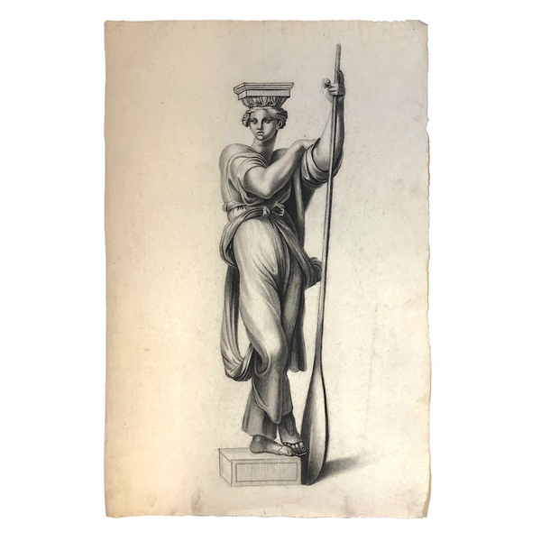 Early 19th Century French Neoclassical Charcoal Drawing of Caryatid with Oar