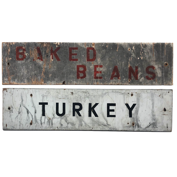 Baked Beans and Turkey, Much Weathered Old Stencil Painted Sign from Maine