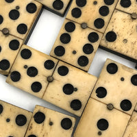Lovely Antique Bone and Ebony Double Six Dominoes with Brass Spinners, Complete Set
