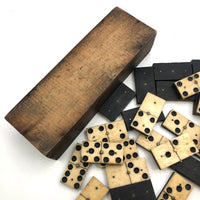 Lovely Antique Bone and Ebony Double Six Dominoes with Brass Spinners, Complete Set