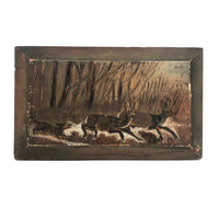 Wolf Chasing Deer in Forest, Old Folk Art Painting on Wood Panel