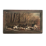 Wolf Chasing Deer in Forest, Old Folk Art Painting on Wood Panel