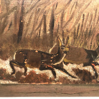 Wolf Chasing Deer in Forest, Old Folk Art Painting on Wood Panel