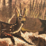 Wolf Chasing Deer in Forest, Old Folk Art Painting on Wood Panel