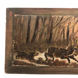 Wolf Chasing Deer in Forest, Old Folk Art Painting on Wood Panel