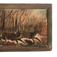 Wolf Chasing Deer in Forest, Old Folk Art Painting on Wood Panel