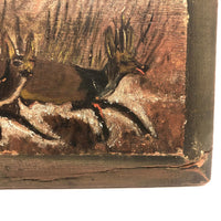 Wolf Chasing Deer in Forest, Old Folk Art Painting on Wood Panel