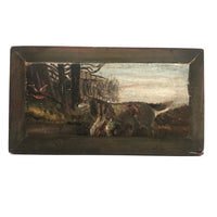 Dog After Pheasant, Old Folk Art Painting on Wood Panel