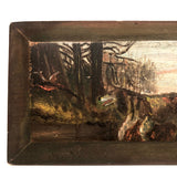Dog After Pheasant, Old Folk Art Painting on Wood Panel