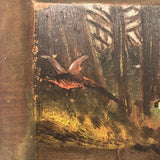 Dog After Pheasant, Old Folk Art Painting on Wood Panel