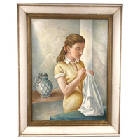 C. 1940s-50s Oil on Canvas Painting of Young Woman in Yellow Mending