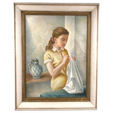 C. 1940s-50s Oil on Canvas Painting of Young Woman in Yellow Mending