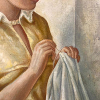 C. 1940s-50s Oil on Canvas Painting of Young Woman in Yellow Mending