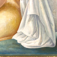 C. 1940s-50s Oil on Canvas Painting of Young Woman in Yellow Mending