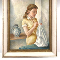 C. 1940s-50s Oil on Canvas Painting of Young Woman in Yellow Mending