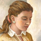C. 1940s-50s Oil on Canvas Painting of Young Woman in Yellow Mending