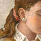 C. 1940s-50s Oil on Canvas Painting of Young Woman in Yellow Mending