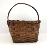 New England Antique Splint Basket with Carved Wood Handle