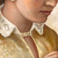 C. 1940s-50s Oil on Canvas Painting of Young Woman in Yellow Mending
