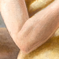 C. 1940s-50s Oil on Canvas Painting of Young Woman in Yellow Mending