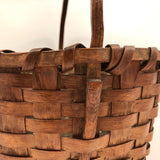 New England Antique Splint Basket with Carved Wood Handle