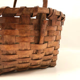 New England Antique Splint Basket with Carved Wood Handle