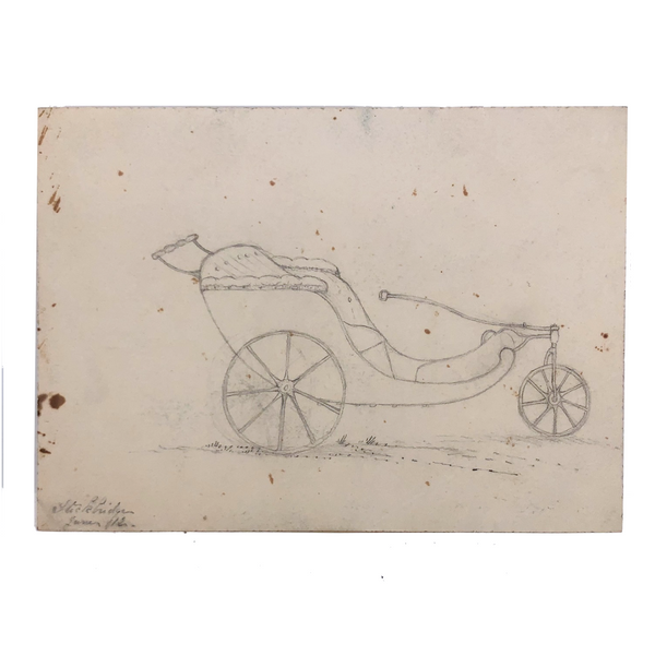 Antique Graphite Drawing of Victorian Three Wheeled Invalid Carriage