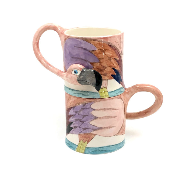 Hand-painted Elaine Bolz Studio Pottery Flamingo Mugs, c. 1980s, A Pair