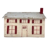 Wooden Folk Art House with Tin Roof and Red Shutters