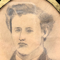 Antique Pencil Drawn Portrait of Handsome Young Man with Eglomise Frame