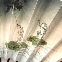 Wonderful Antique Hand-painted, Double Side Fan with Frogs, Moon, Owl, Origami