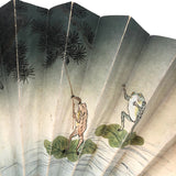 Wonderful Antique Hand-painted, Double Side Fan with Frogs, Moon, Owl, Origami