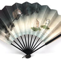 Wonderful Antique Hand-painted, Double Side Fan with Frogs, Moon, Owl, Origami