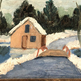 SOLD Charming Winter Landscape with House and Bridge in Old Pine Frame