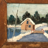 SOLD Charming Winter Landscape with House and Bridge in Old Pine Frame