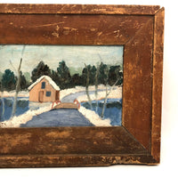 SOLD Charming Winter Landscape with House and Bridge in Old Pine Frame