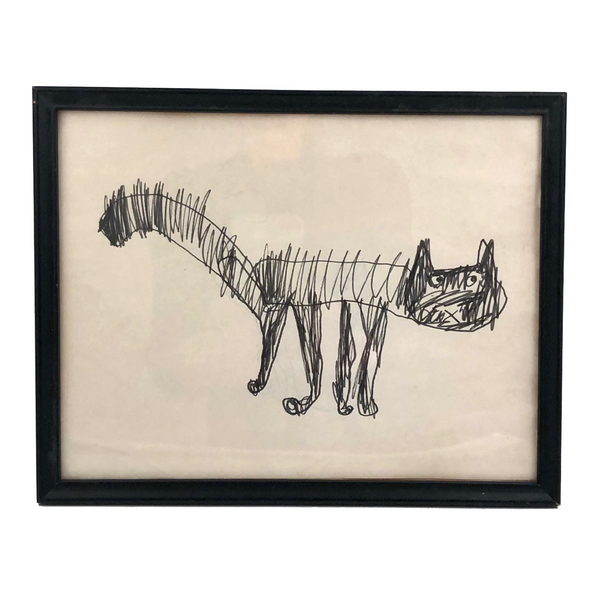 Excellent Vintage Kid Drawn Black Marker Cat, Framed