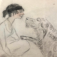 Young Woman and her Loving Dog, Antique Naive Watercolor