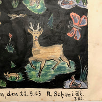 German 1943 R. Schmidt Woodland Animals Mixed Media Drawing