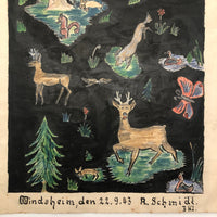 German 1943 R. Schmidt Woodland Animals Mixed Media Drawing