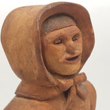 Old Folk Art Carving of Woman with Great Face, Bangs, and Bonnet