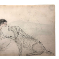 Young Woman and her Loving Dog, Antique Naive Watercolor