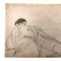 Young Woman and her Loving Dog, Antique Naive Watercolor