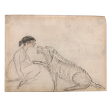 Young Woman and her Loving Dog, Antique Naive Watercolor
