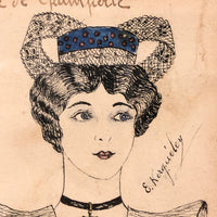 French "Coiffure de Opium Perle" Portrait Drawing, Framed